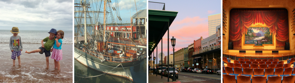 3 days on Galveston photo collage with pictures of children on beach, Tall Ship Elissa, The Strand Galveston and 1894 Opera House