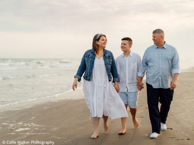 Galveston family photo with blue and white - Callie Walker Photography