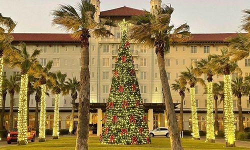 Christmas tree on the front lawn of The Grand Galvez in Galveston, TX